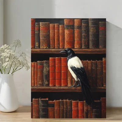 White Raven on Antique Bookshelf Wall Art Canvas Framed 40x60
