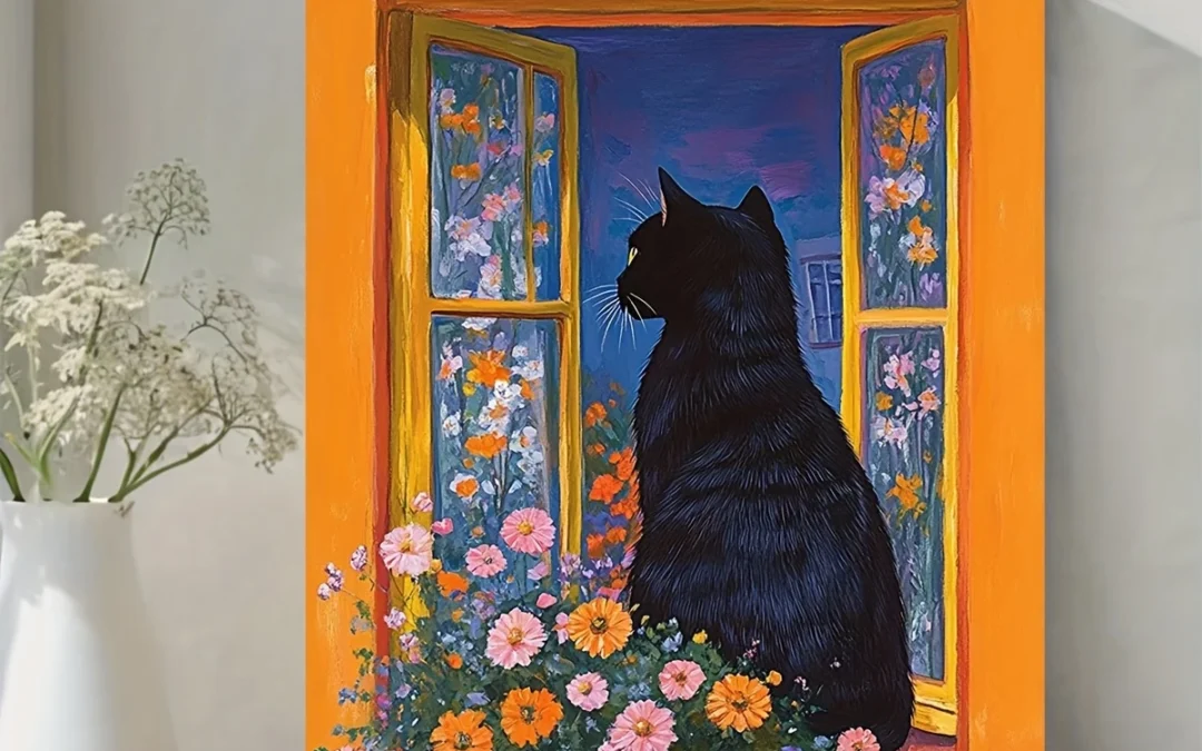 Black Cat & Flowers Wall Art Canvas Framed 40×60