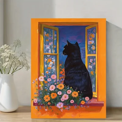 Black Cat & Flowers Wall Art Canvas Framed 40x60