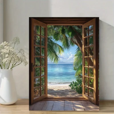 Window View Landscape With Tropical Paradise Seaside Escape Wall Art Canvas Framed 40x60