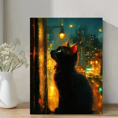 New York Lights Design with Black Cat & Colorful Ambiance Wall Art Canvas Framed 40x60
