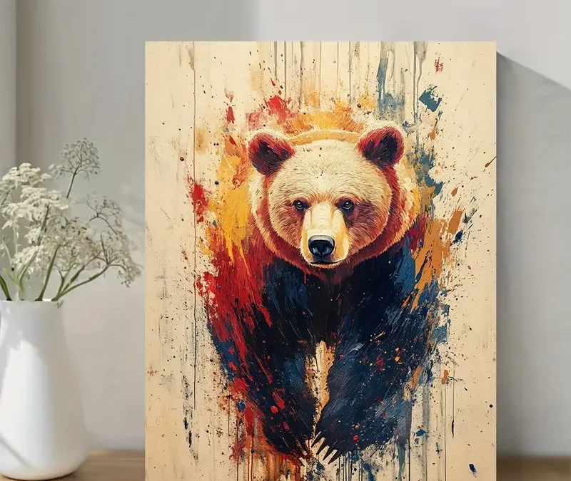 Grizzly Bear Abstract Modern Splatter Wall Art Canvas Framed 40×60
