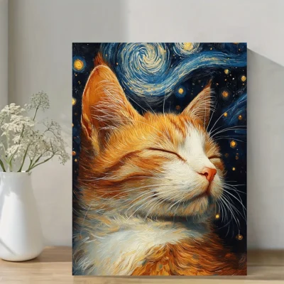 Orange and White Tabby Cat Starry Night Wall Art Canvas Framed 40x60