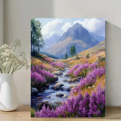 Vibrant Purple Wildflowers & Mountain Landscape Wall Art Canvas Framed 40x60