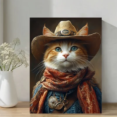 Orange & White Maximalist Cat in Western  Cowboy Attire Wall Art Canvas Framed 40x60