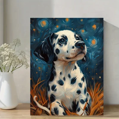 Starry Night With A Spotted Black And White Puppy Wall Art Canvas Framed 40x60