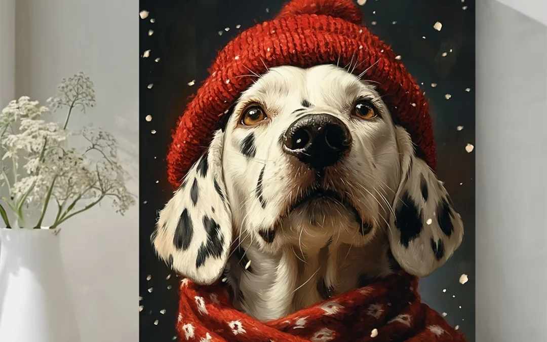 Christmas Dalmatian Cute Dog in Red Knit Hat & Scarf, Wall Art Canvas Framed 40×60