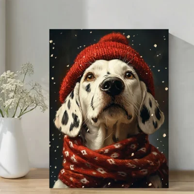Christmas Dalmatian Cute Dog in Red Knit Hat & Scarf, Wall Art Canvas Framed 40x60
