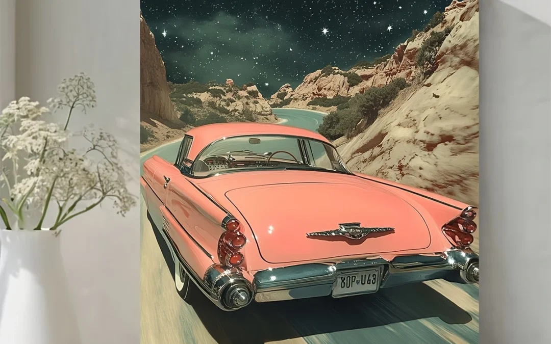 Vintage Space with Pink Car & Starry Night Landscape, Wall Art Canvas Framed 40×60