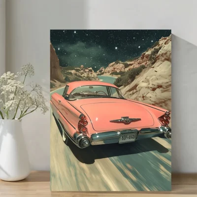 Vintage Space with Pink Car & Starry Night Landscape, Wall Art Canvas Framed 40x60