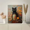 Black Cat in Floral Bouquet Oil Painting Wall Art Canvas Framed 40x60 - Image 3