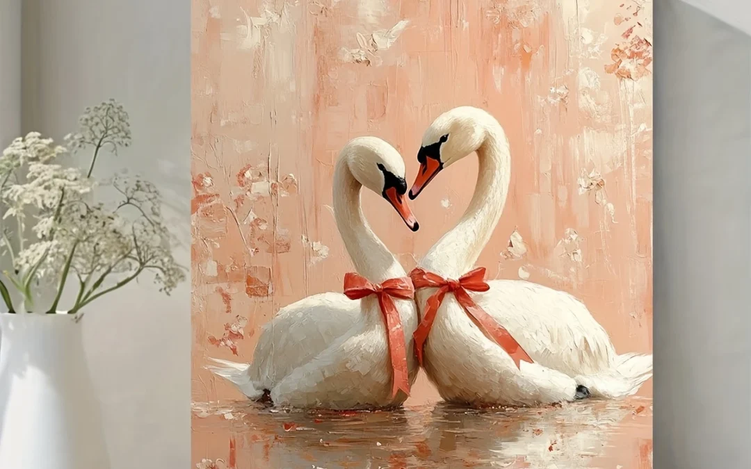Romantic Swan Pair with Red Ribbon on Soft Peach Background Wall Art Canvas Framed 40×60