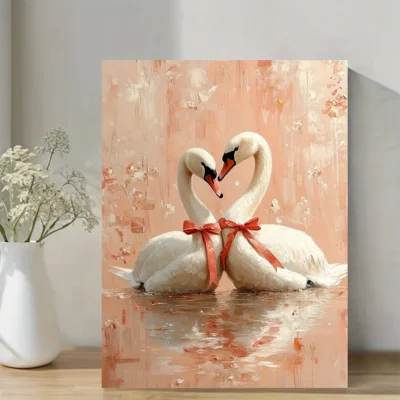 Romantic Swan Pair with Red Ribbon on Soft Peach Background Wall Art Canvas Framed 40x60