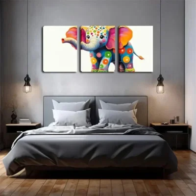 3pcs Cute Elephants Dressed in Colorful Circles Wall Art Set Canvas Framed 50x70cm - High Quality Print 100% Australian Made Wall Canvas Ready to Hang