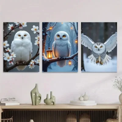 3pcs White Owl Magpies Cherry Blossoms Nature Wall Art Set Canvas Framed 40x60cm - High Quality Print 100% Australian Made Wall Canvas Ready to Hang