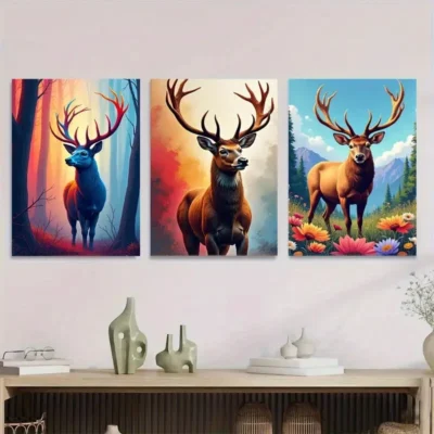 3pcs Colorful Deer Forest Wildlife & Floral Wall Art Set Canvas Framed 40x60cm - High Quality Print 100% Australian Made Wall Canvas Ready to Hang