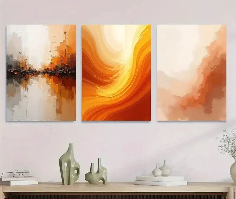 3pcs Modern Abstract Vibrant Orange Stylish Wall Art Set Canvas Framed 40x60cm – High Quality Print 100% Australian Made Wall Canvas Ready to Hang