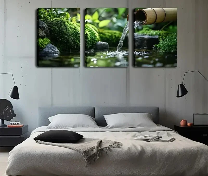 3pcs Black Pebbles Built Pond Natural Style Wall Art Set Canvas Framed 40x60cm – High Quality Print 100% Australian Made Wall Canvas Ready to Hang