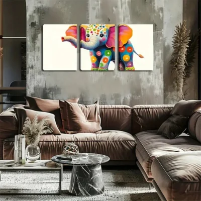 3pcs  Cute Elephants Dressed in Colorful Circles Wall Art Set Canvas Framed 40x60cm - High Quality Print 100% Australian Made Wall Canvas Ready to Hang