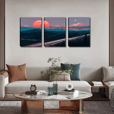 3pcs Mountains and Highways in the Sunset Wall Art Set Canvas Framed 40x60cm - High Quality Print 100% Australian Made Wall Canvas Ready to Hang