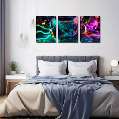 3pcs Neon Light Abstract Cat Listening to Music Wall Art Set Canvas Framed 40x60cm - High Quality Print 100% Australian Made Wall Canvas Ready to Hang