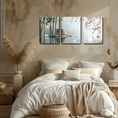 3pcs Water Surface, Bamboo Forest, Stone Tower, Wall Art Set Canvas Framed 40x60cm - High Quality Print 100% Australian Made Wall Canvas Ready to Hang