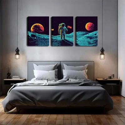 3pcs Astronaut Landing on Moon Triptych Wall Art Set Canvas Framed 40x60cm - High Quality Print 100% Australian Made Wall Canvas Ready to Hang
