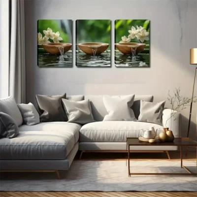3pcs Wooden Tea Bowls and Waterfall Design Wall Art Set Canvas Framed 50x70cm - High Quality Print 100% Australian Made Wall Canvas Ready to Hang