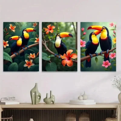 3pcs Colorful Bird and Floral Vibrant Tropica Wall Art Set Canvas Framed 40x60cm - High Quality Print 100% Australian Made Wall Canvas Ready to Hang