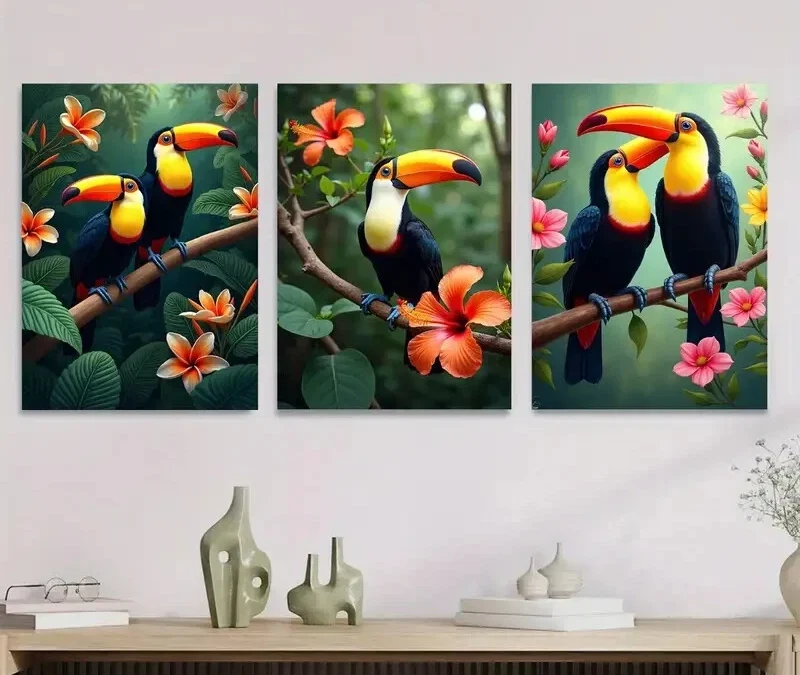 3pcs Colorful Bird and Floral Vibrant Tropica Wall Art Set Canvas Framed 40x60cm – High Quality Print 100% Australian Made Wall Canvas Ready to Hang