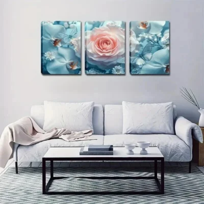 3pcs Serene Light Blue Floral & Butterfly Design Wall Art Set Canvas Framed 50x70cm - High Quality Print 100% Australian Made Wall Canvas Ready to Hang