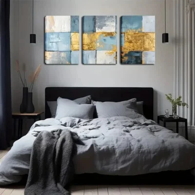 3pcs Painted Textured Panels in Blue & Golden Wall Art Set Canvas Framed 50x70cm - High Quality Print 100% Australian Made Wall Canvas Ready to Hang