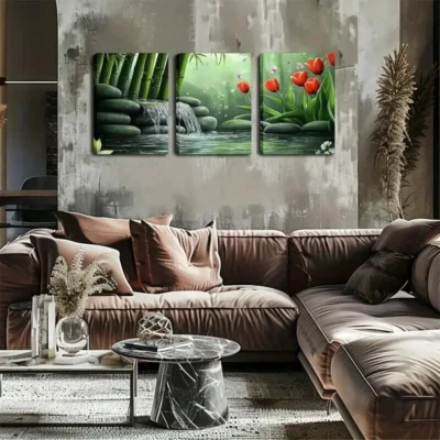 3pcs stone Waterfall Oriental garden style  Wall Art Set Canvas Framed 50x70cm - High Quality Print 100% Australian Made Wall Canvas Ready to Hang