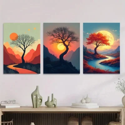 3pcs Vibrant Sunset Trees And Mountain beautiful Wall Art Set Canvas Framed 40x60cm - High Quality Print 100% Australian Made Wall Canvas Ready to Hang