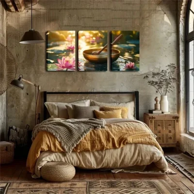 3pcs Golden Bowl and Wooden Spoon on Water Wall Art Set Canvas Framed 50x70cm - High Quality Print 100% Australian Made Wall Canvas Ready to Hang