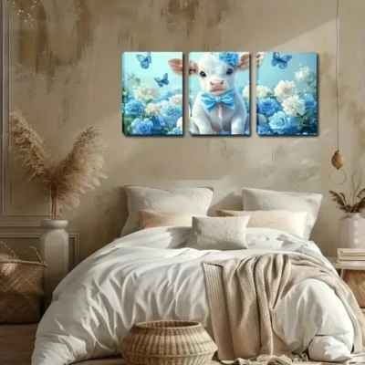 3pcs Blue Flowers Butterfly And Cute Calf Wall Art Set Canvas Framed 50x70cm - High Quality Print 100% Australian Made Wall Canvas Ready to Hang