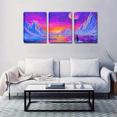 3pcs Moon in the Style of a Mountain Landscape Wall Art Set Canvas Framed 50x70cm - High Quality Print 100% Australian Made Wall Canvas Ready to Hang