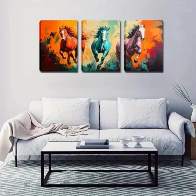 3pcs Running Forward Horse Figurative Style Wall Art Set Canvas Framed 50x70cm - High Quality Print 100% Australian Made Wall Canvas Ready to Hang