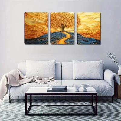 3pcs Golden Tree & Sunset Landscape Wall Art Set Canvas Framed 50x70cm - High Quality Print 100% Australian Made Wall Canvas Ready to Hang