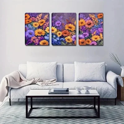 3pcs  Colorful Daisy & Sunflower Garden Scene Wall Art Set Canvas Framed 50x70cm - High Quality Print 100% Australian Made Wall Canvas Ready to Hang