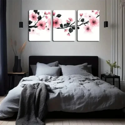 3pcs Pink Flowers Black Stamens Modern Wall Art Set Canvas Framed 50x70cm - High Quality Print 100% Australian Made Wall Canvas Ready to Hang
