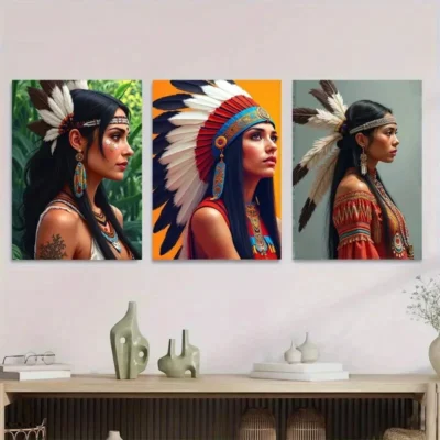 3pcs Native American Themes Girl Wall Art Set Canvas Framed 40x60cm - High Quality Print 100% Australian Made Wall Canvas Ready to Hang