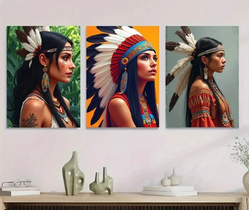 3pcs Native American Themes Girl Wall Art Set Canvas Framed 40x60cm – High Quality Print 100% Australian Made Wall Canvas Ready to Hang