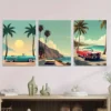3pcs Vintage Beach Scene Tropical Sunset Cars Wall Art Set Canvas Framed 40x60cm - High Quality Print 100% Australian Made Wall Canvas Ready to Hang