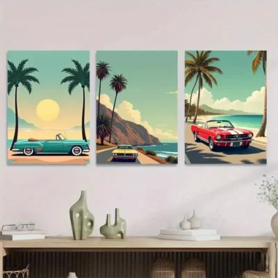 3pcs Vintage Beach Scene Tropical Sunset Cars Wall Art Set Canvas Framed 40x60cm - High Quality Print 100% Australian Made Wall Canvas Ready to Hang