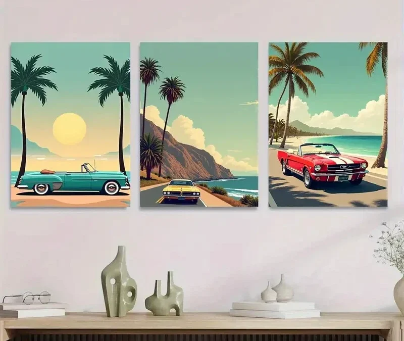 3pcs Vintage Beach Scene Tropical Sunset Cars Wall Art Set Canvas Framed 40x60cm – High Quality Print 100% Australian Made Wall Canvas Ready to Hang