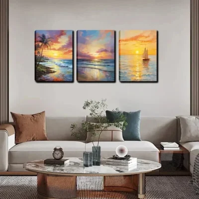 3pcs Scenery of Sunset and beach waves  Wall Art Set Canvas Framed 40x60cm - High Quality Print 100% Australian Made Wall Canvas Ready to Hang