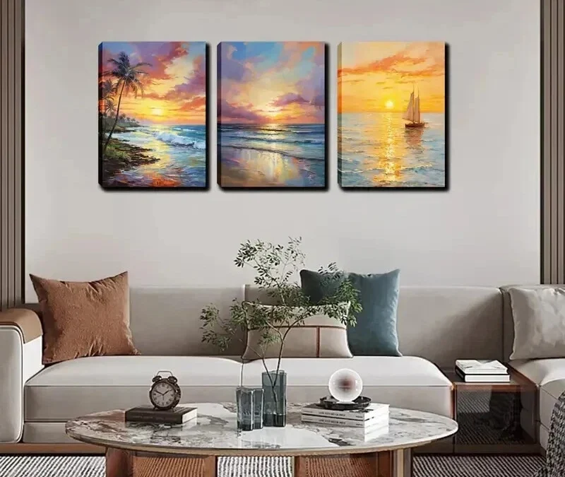 3pcs Scenery of Sunset and beach waves  Wall Art Set Canvas Framed 40x60cm – High Quality Print 100% Australian Made Wall Canvas Ready to Hang