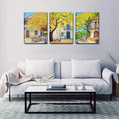 3pcs Houses Trees Table And Chairs Wall Art Set Canvas Framed 40x60cm - High Quality Print 100% Australian Made Wall Canvas Ready to Hang