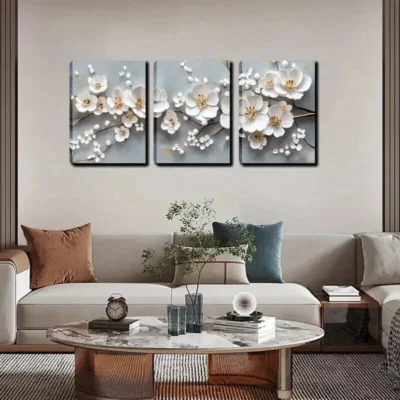 3pcs  The pure white flowers, golden branches   Wall Art Set Canvas Framed 40x60cm - High Quality Print 100% Australian Made Wall Canvas Ready to Hang